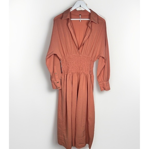 Free People Medium Monika Shirt Dress Smocked Waist Deep V-Neck Autumn Peach EUC - Picture 3 of 14